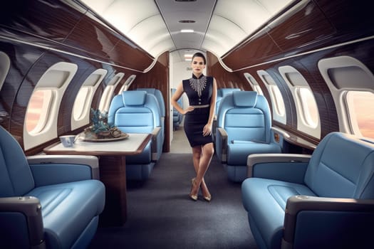 VIP flight attendant in luxurious uniform on empty private jet. Picturesque generative AI