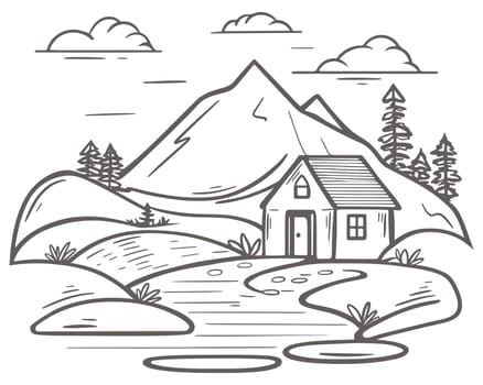 Wooden rural house hand engraved. Countryside with country cottage against the backdrop of mountains and forests. Single house, nature landscape, ink sketch, vector illustration