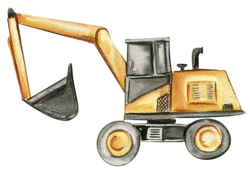 Yellow excavator. Watercolor hand drawn illustration. Perfect for kid posters or stickers.