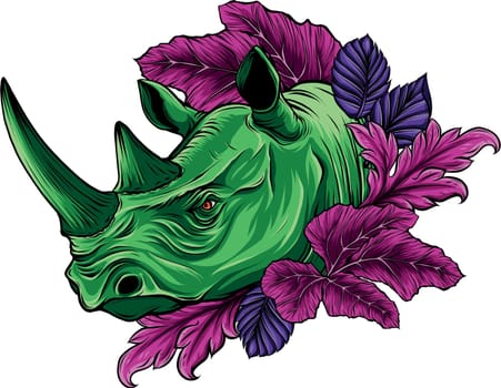 vector illustration of rhinoceros head with leaves