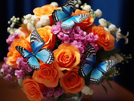 Closeup photo of whimsical loose bouquet with real flowers and silk butterflies. Generative AI