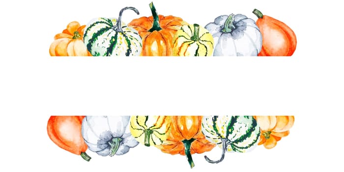 Watercolor illustration of bright pumpkins on a white background. Drawn watercolor frame of vegetables