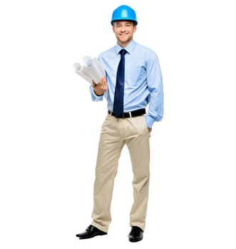 Architecture, blueprint and happy with portrait of man in studio for engineering, designer and building, Graphics, floor plan and construction with male contractor on white background for inspection