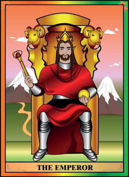 Tarot card emperor. The emperor sits in his throne of gold holding a sceptre and orb of power. The emperor defends his land and his people.