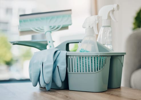 Cleaning supplies, chemical spray with cloth and gloves, household maintenance product and service. Closeup of cleaner tools in basket, janitor equipment and disinfectant with sanitizer detergent