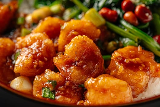 Closeup on asian rice dish with shrimp and spinach