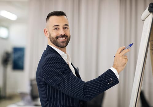 Happy handsome european adult man in suit with beard teacher writing on blackboard