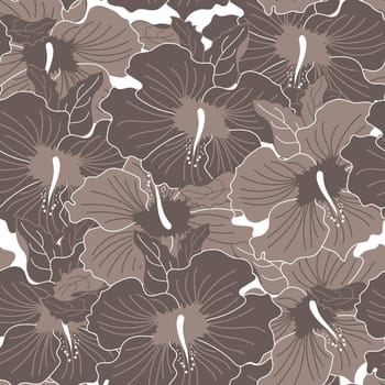 Seamless pattern, beige hibiscus flowers with a golden outline. Retro print