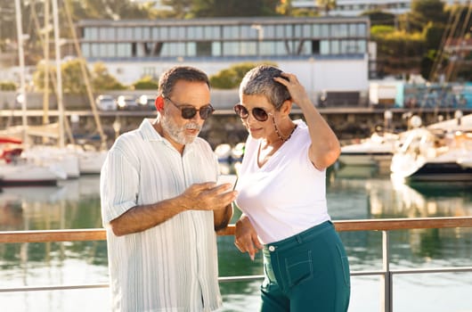 Mature Couple Using Smartphone Posing At Sea Port At Seaside