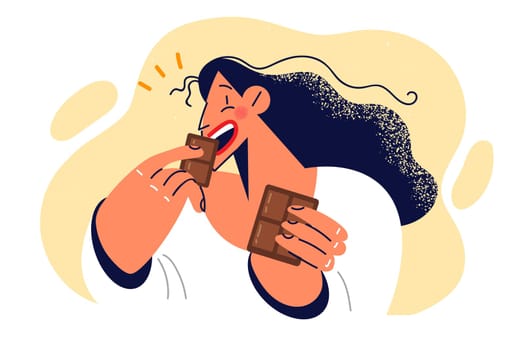 Woman eats dark chocolate enjoying sweet milk dessert that causes surge energy and positive emotions