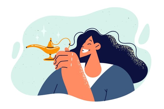 Woman holds aladdin lamp and wants to make wish or summon magical genie from fairy tales