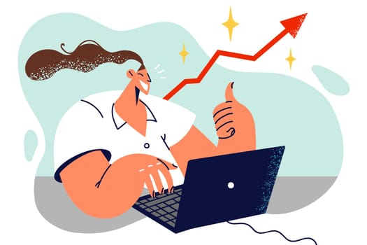 Successful investor woman with laptop showing thumb up sitting near growing graph