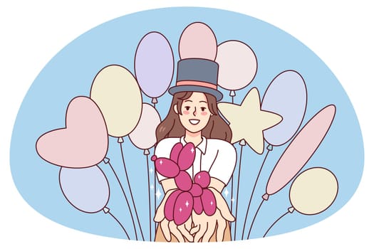 Happy woman selling helium balloons