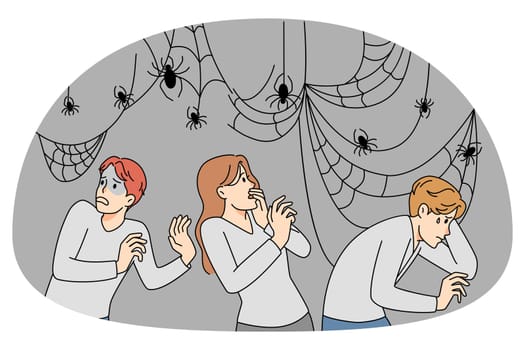Anxious people afraid of spiders on webs and nets. Stressed men and women feel scared and terrified suffer from arachnophobia. Vector illustration.