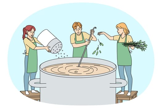 Tiny people cooking huge pan of soup together. Chefs preparing food, adding herbs and spices. Cuisine and culinary concept. Vector illustration.