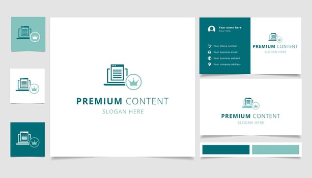 Premium content logo design with editable slogan. Branding book and business card template.