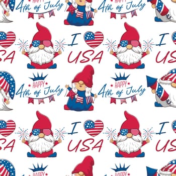 Seamless pattern with patriotic charming gnomes and the inscription I love USA.