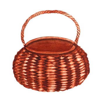 Basket. Wicker brown basket made of natural material - vines on a white background. Hand-drawn for your design