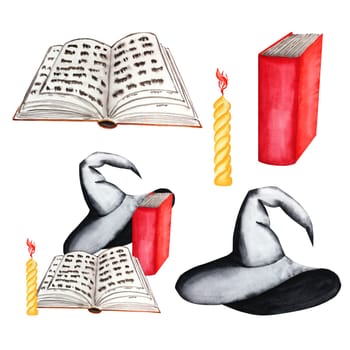 Wizard's hat and books with candles. Watercolor illustration of a set and elements for Halloween on a white background. Festive decor. Hand drawn for your design
