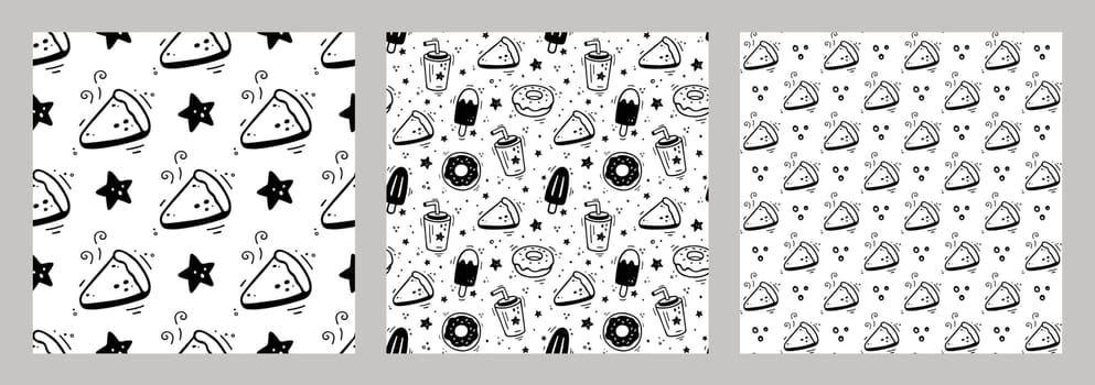 Set of fast food desserts seamless patterns. Vector Fast food illustrations collection in doodle style