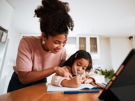 Mother, child student and writing homework on a table at home for learning and development. African woman and a girl kid together for education, homeschool or drawing art with creativity and support