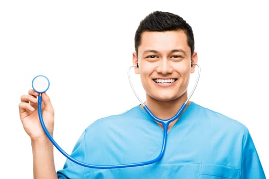 Stethoscope, man and portrait of a doctor in a studio for a medical consultation with confidence. Happy, smile and professional young male healthcare worker or nurse isolated by a white background.