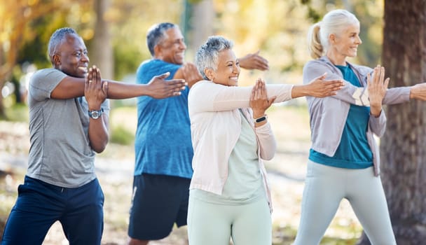 Fitness, group and senior people stretching before a exercise in an outdoor park or nature. Sports, wellness and elderly friends doing a arm warm up workout before training class together in a garden