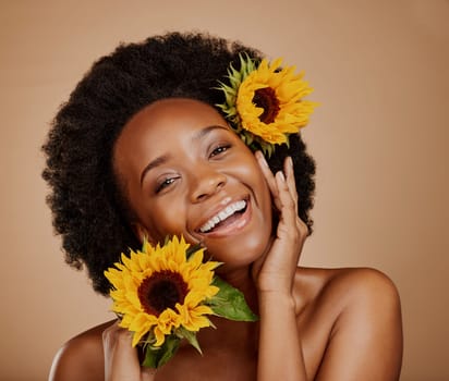 Portrait, aesthetic and sunflower with a model black woman in studio on brown background for beauty. Face, skincare or natural cosmetics and a happy young female person with a flower in her afro hair