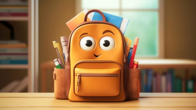 Cute orange smiling backpack with school supplies on table. Back to school concept. Generative ai.