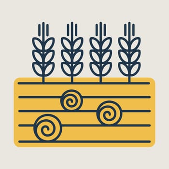 Ears of Wheat, Barley or Rye on field and round hay bales icon. Agriculture sign. Graph symbol for your web site design, logo, app, UI. Vector illustration, EPS10.