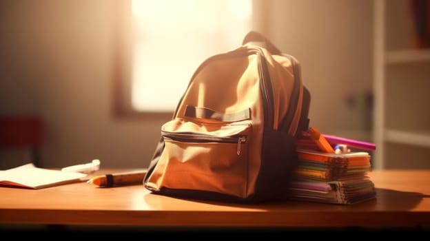 Orange backpack with school supplies on table. Back to school concept. Generative ai.