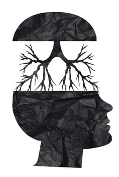 Black silhouette of the head and root system on a white background