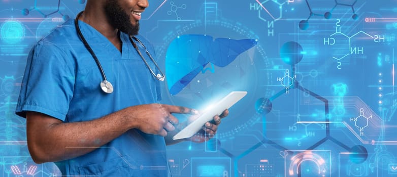 Medical doctor and medical technology and futuristic concept. Cropped of black man doctor using digital tablet, medicine and human liver holograms on virtual screen interface, double exposure, collage