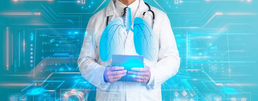 Artificial intelligence AI in healthcare concept. Cropped of man doctor using digital tablet, pulmonologist examining big hologram of human lungs, double exposure, collage, web-banner