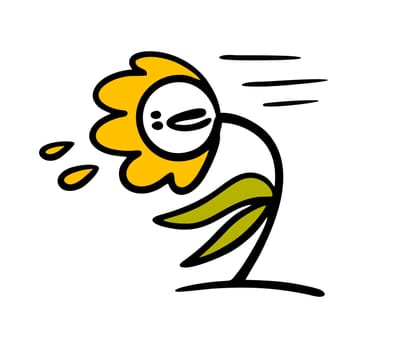 Cartoon flower bent from the cold autumn wind. Vector illustration of bad weather.