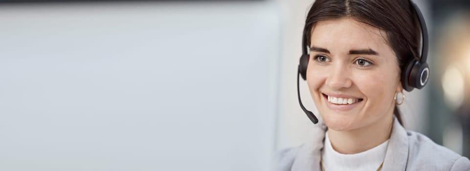 Banner, call center and woman in headshot, customer service job and computer with headset, CRM and mockup space. Communication, contact us and female person in telemarketing with help desk employee.