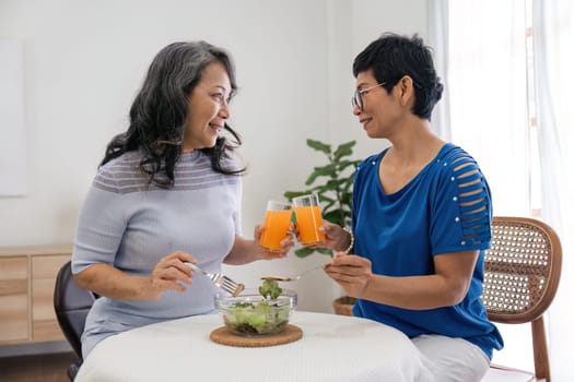 Two elderly girl friend enjoy eating healthy food at house
