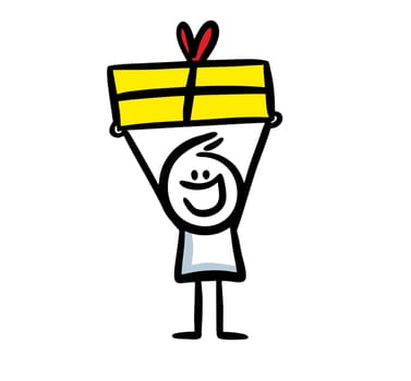 Funny crazy stickman with hands up holding a big present box in his hands.