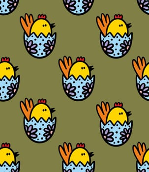 Seamless pattern of easter painted eggs with chicken in it.
