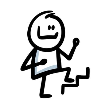 Doodle character climbing up the stairs with positive mood and happy smile.