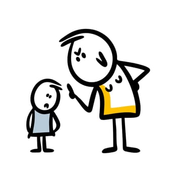 Mother strictly telling something to her son or daughter and points with finger. Vector illustration of doodle stickman family.