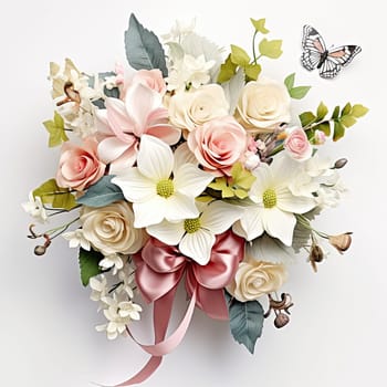 Closeup photo of whimsical loose modern bridal bouquet with real flowers and silk butterflies with a rustic silk ribbon. Generative AI