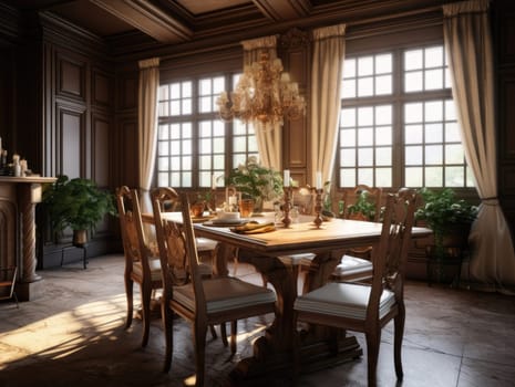Wide angle view of the dining room in British style with dining sets, sunlight shines through windows. Generative AI