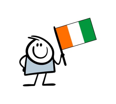 Hand drawn boy holding big flag of Ivory Coast and smiles. Vector illustration of man prouds of his country and welcome to visit.