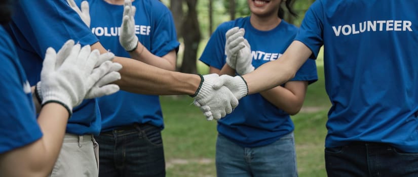 Environmentalist volunteers planting new tree and handshaking