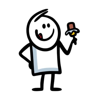 Funny stickman holds an ice cream popsicle in his hand and licks his lips with his tongue in anticipation of a sweet dessert.