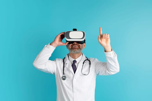Doctor medical worker using virtual reality headset, blue background