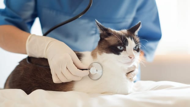 Veterinarian With Stethoscope Examining Domestic Cat During Checkup At Clinic