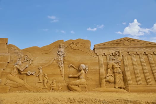Sondervig, Denmark, May 21, 2023: Sand Sculpture. Goddess of fate.