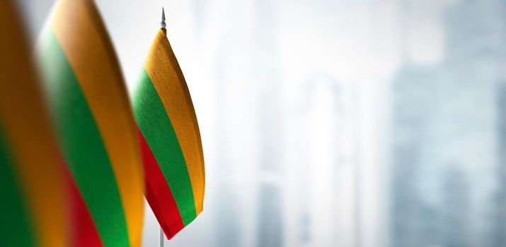 Small flags of Lithuania on the background of a blurred background